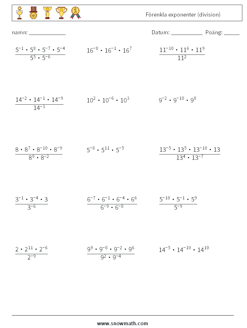 Förenkla exponenter (division) Matematiska arbetsblad 1