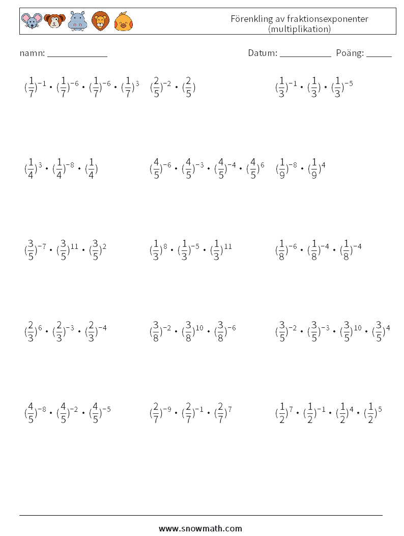 Förenkling av fraktionsexponenter (multiplikation) Matematiska arbetsblad 8