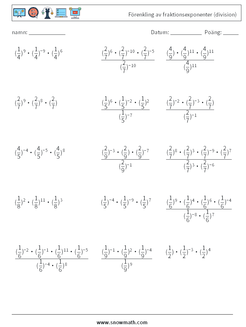Förenkling av fraktionsexponenter (division) Matematiska arbetsblad 1