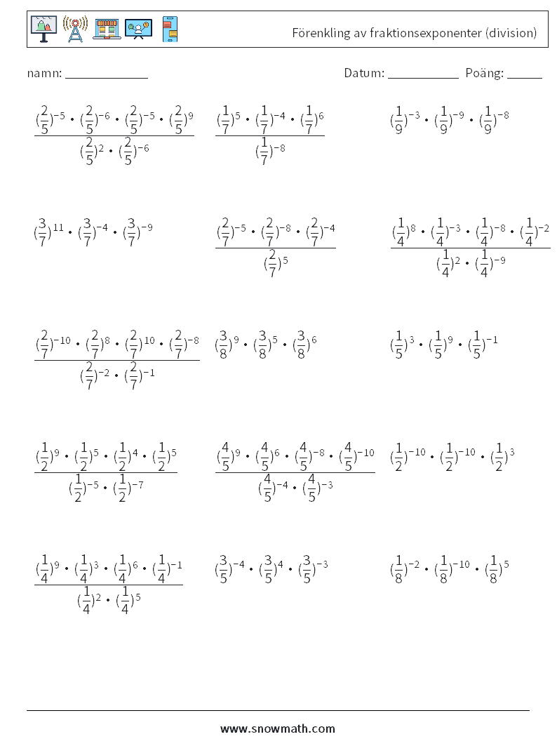 Förenkling av fraktionsexponenter (division) Matematiska arbetsblad 4