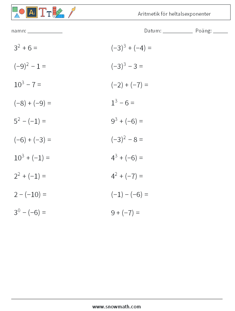 Aritmetik för heltalsexponenter Matematiska arbetsblad 1