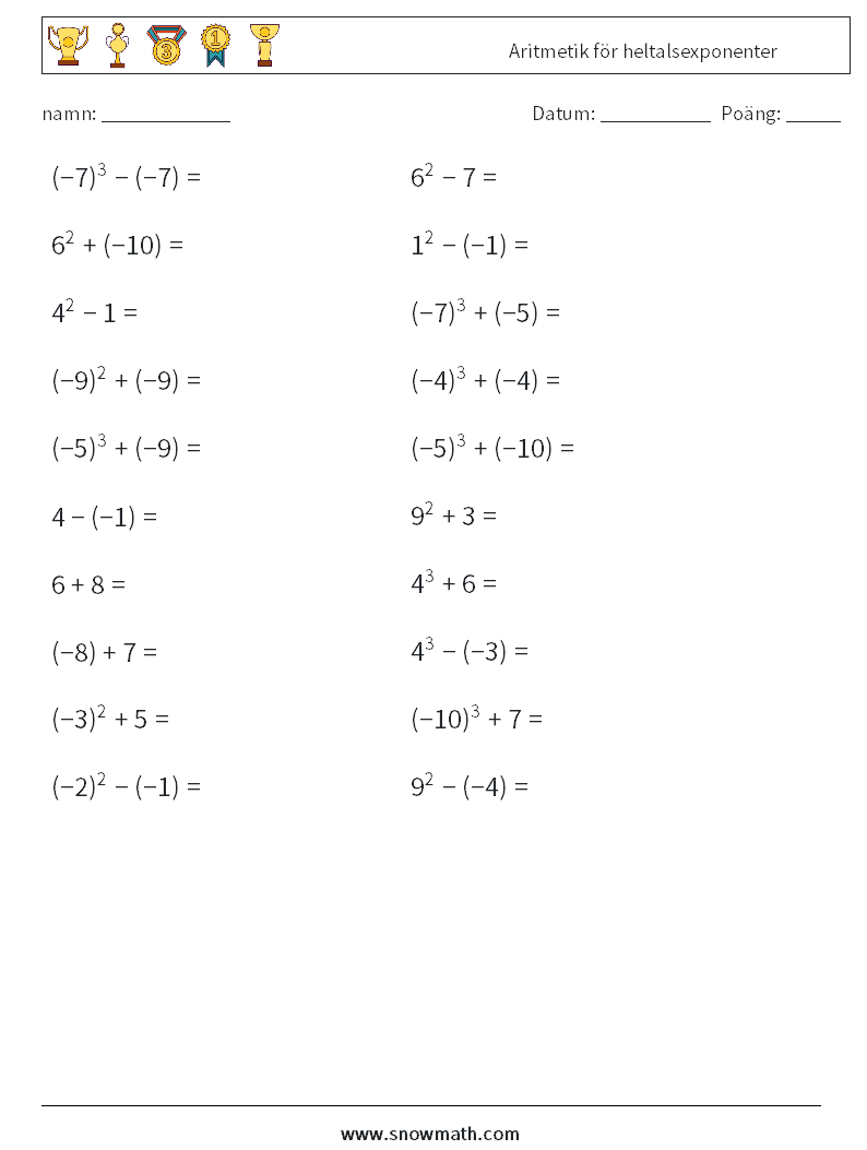 Aritmetik för heltalsexponenter Matematiska arbetsblad 6
