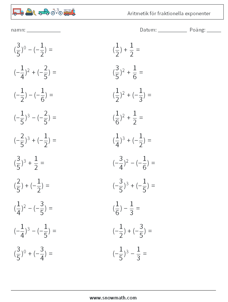 Aritmetik för fraktionella exponenter Matematiska arbetsblad 1