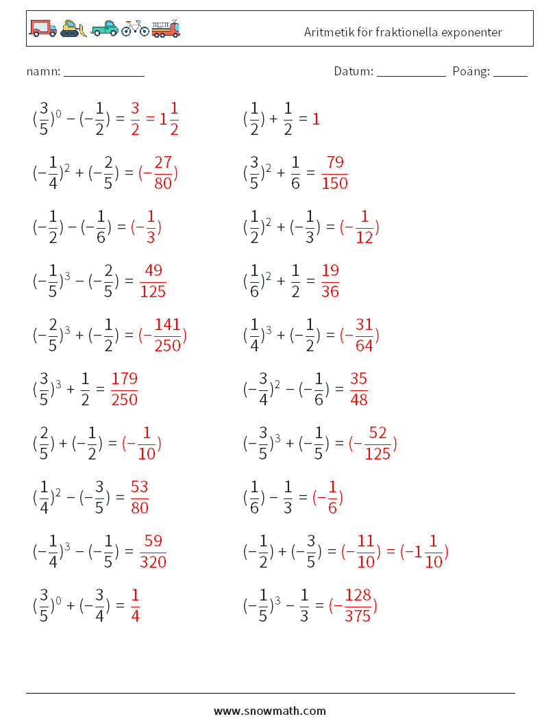 Aritmetik för fraktionella exponenter Matematiska arbetsblad 1 Fråga, svar
