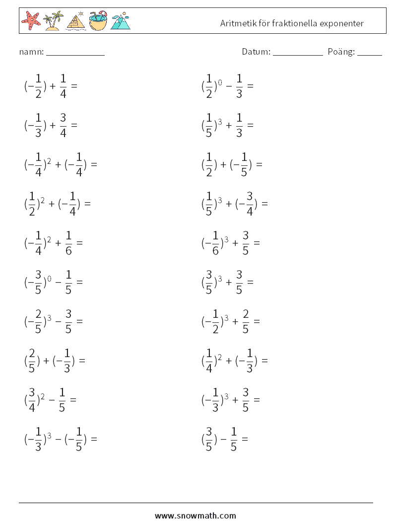 Aritmetik för fraktionella exponenter Matematiska arbetsblad 2