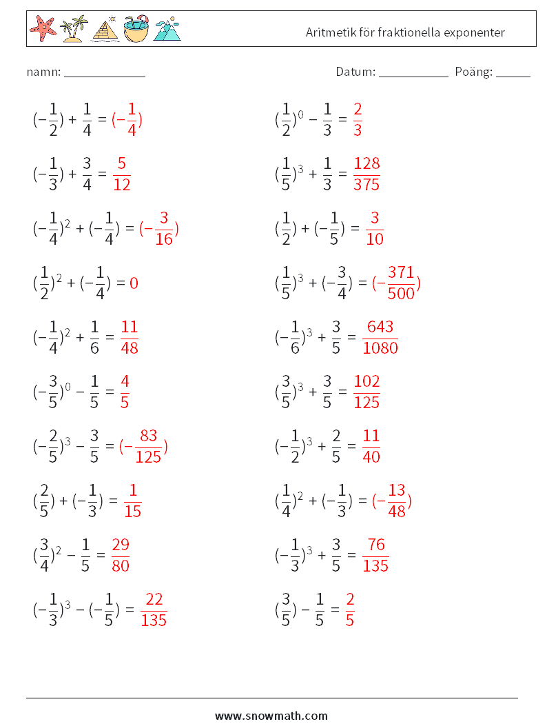 Aritmetik för fraktionella exponenter Matematiska arbetsblad 2 Fråga, svar