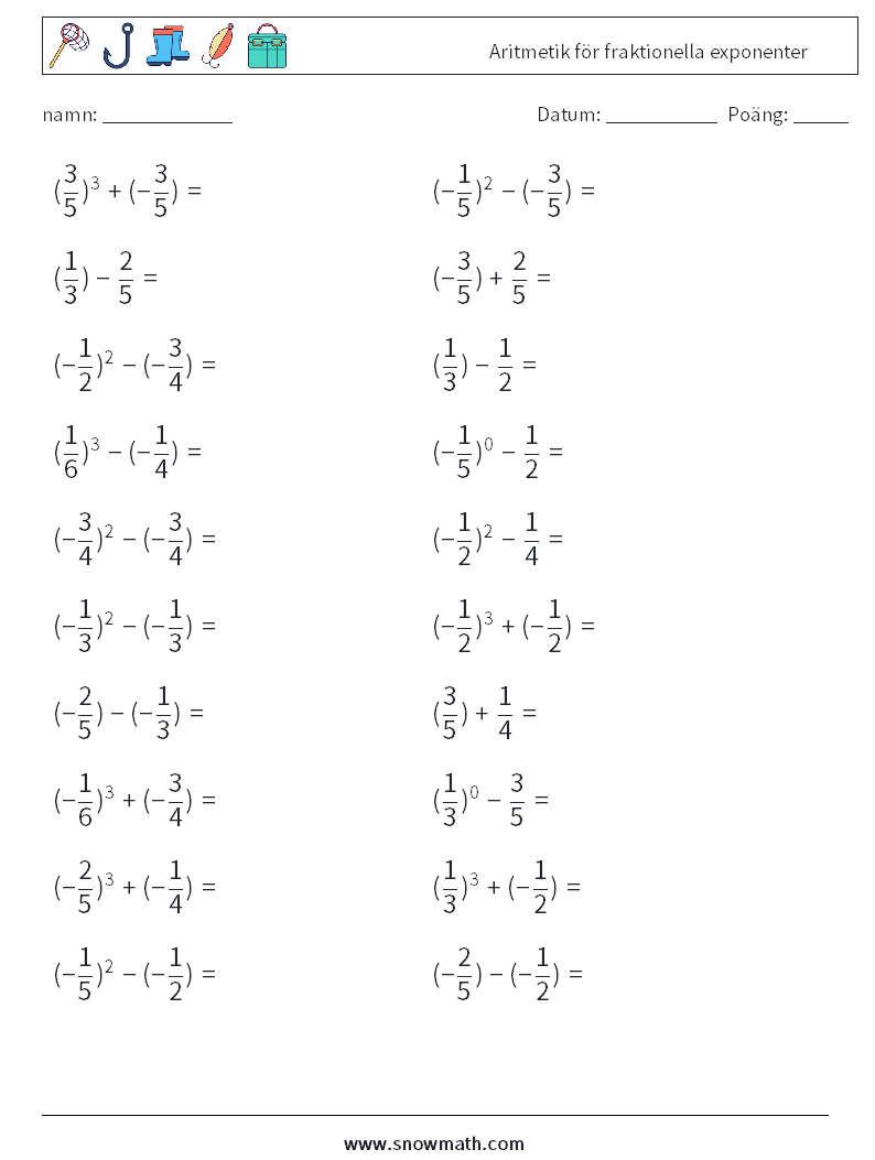 Aritmetik för fraktionella exponenter Matematiska arbetsblad 3