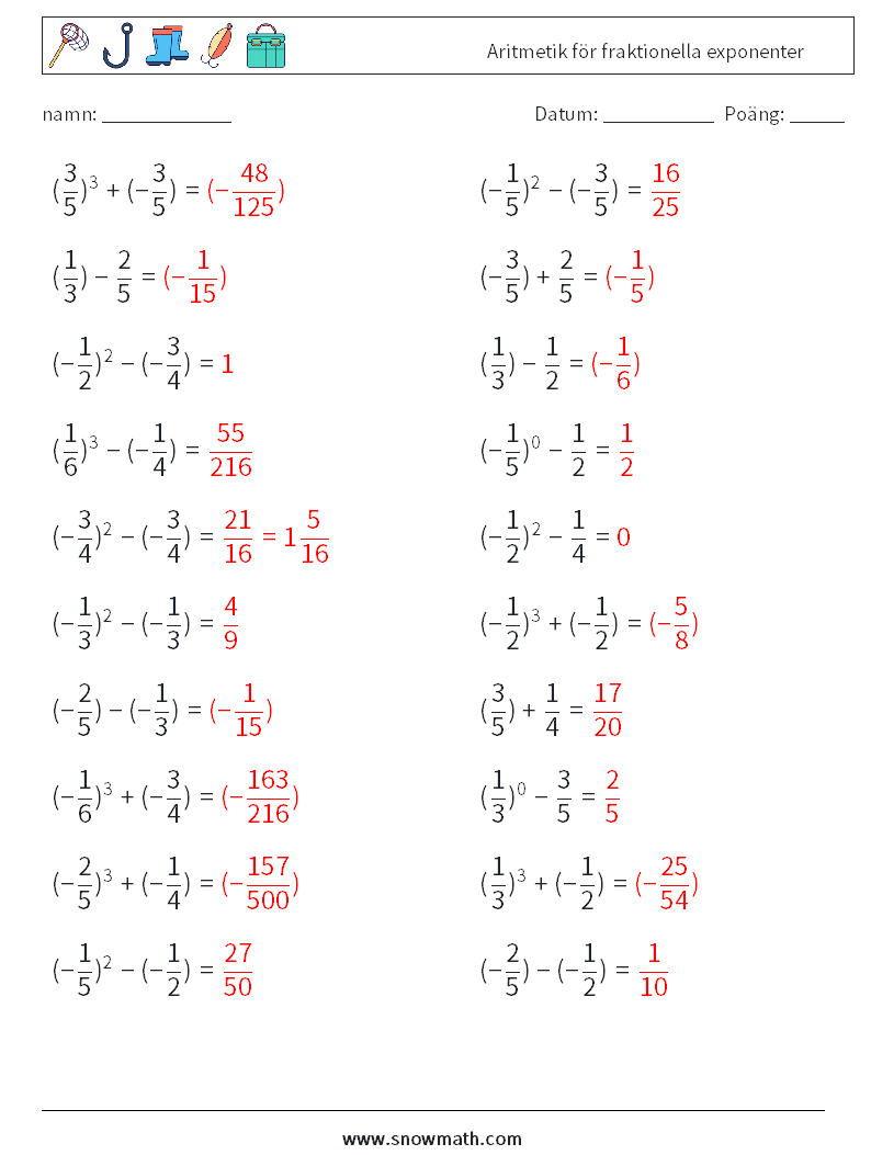 Aritmetik för fraktionella exponenter Matematiska arbetsblad 3 Fråga, svar