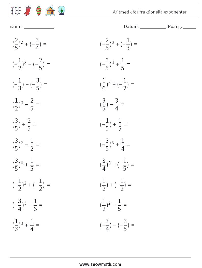 Aritmetik för fraktionella exponenter Matematiska arbetsblad 5