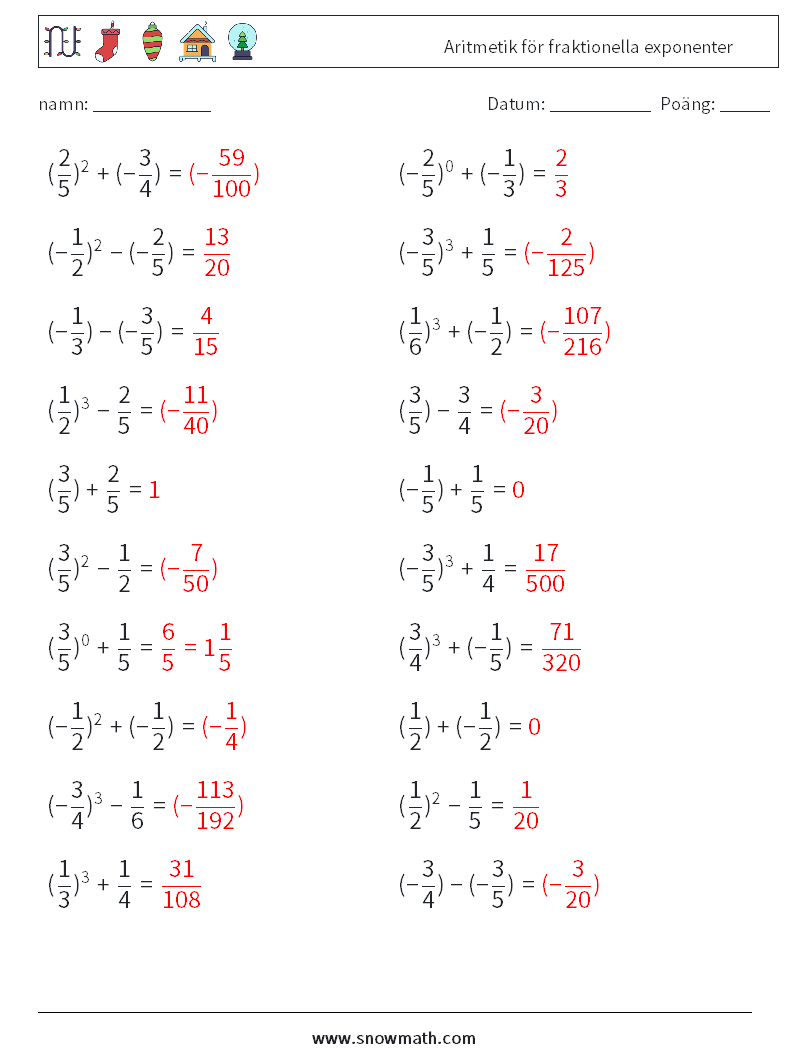 Aritmetik för fraktionella exponenter Matematiska arbetsblad 5 Fråga, svar