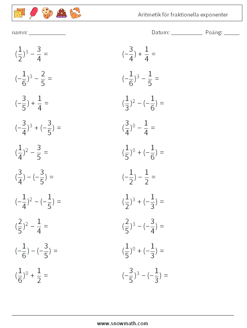 Aritmetik för fraktionella exponenter Matematiska arbetsblad 6