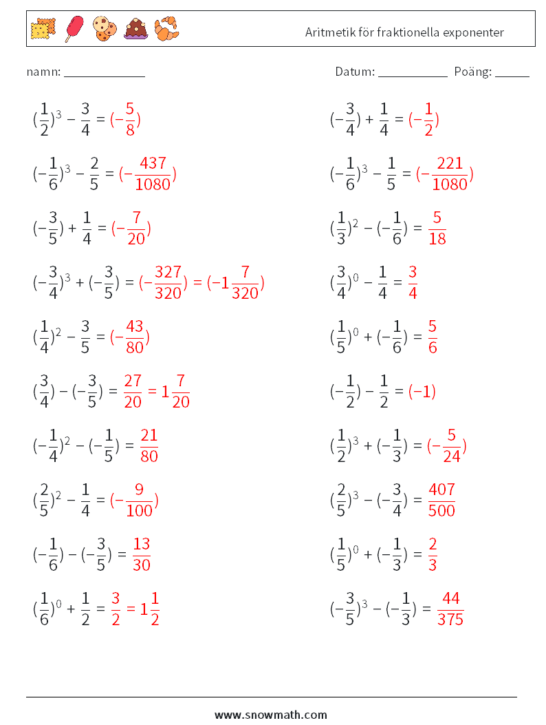 Aritmetik för fraktionella exponenter Matematiska arbetsblad 6 Fråga, svar