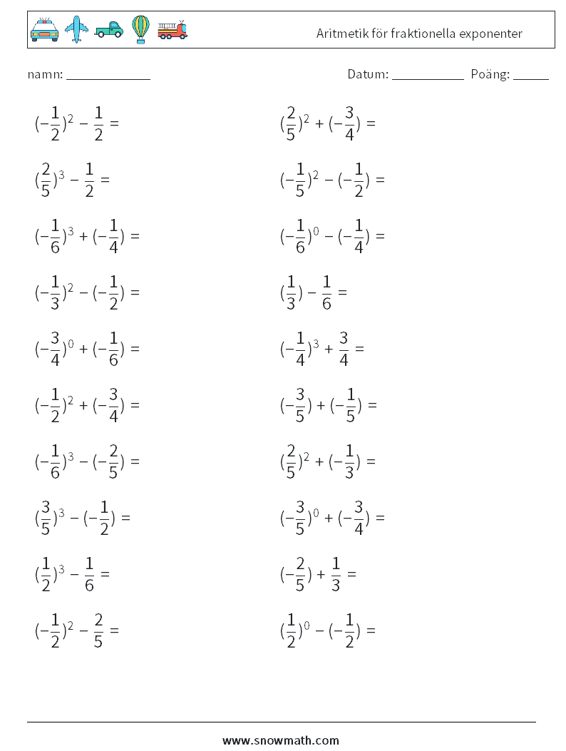 Aritmetik för fraktionella exponenter Matematiska arbetsblad 7