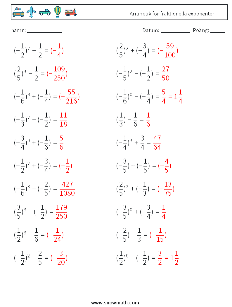 Aritmetik för fraktionella exponenter Matematiska arbetsblad 7 Fråga, svar