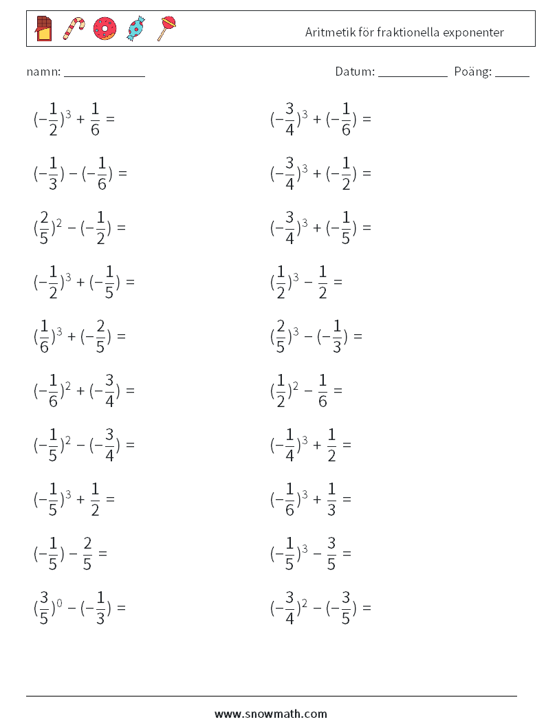 Aritmetik för fraktionella exponenter Matematiska arbetsblad 8