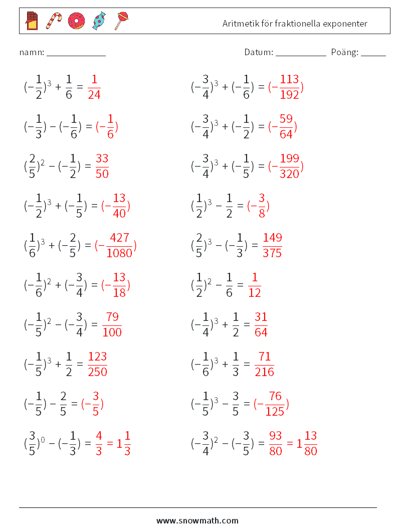 Aritmetik för fraktionella exponenter Matematiska arbetsblad 8 Fråga, svar