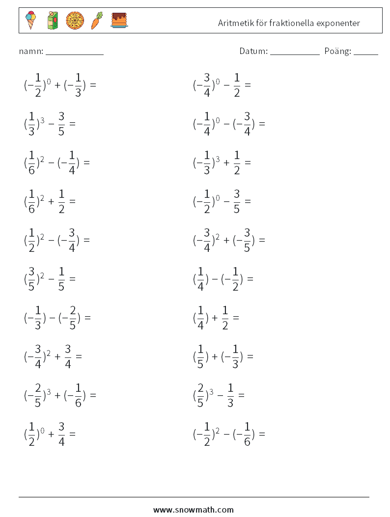 Aritmetik för fraktionella exponenter Matematiska arbetsblad 9