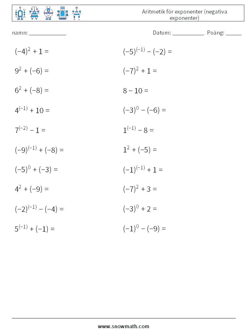  Aritmetik för exponenter (negativa exponenter) Matematiska arbetsblad 1