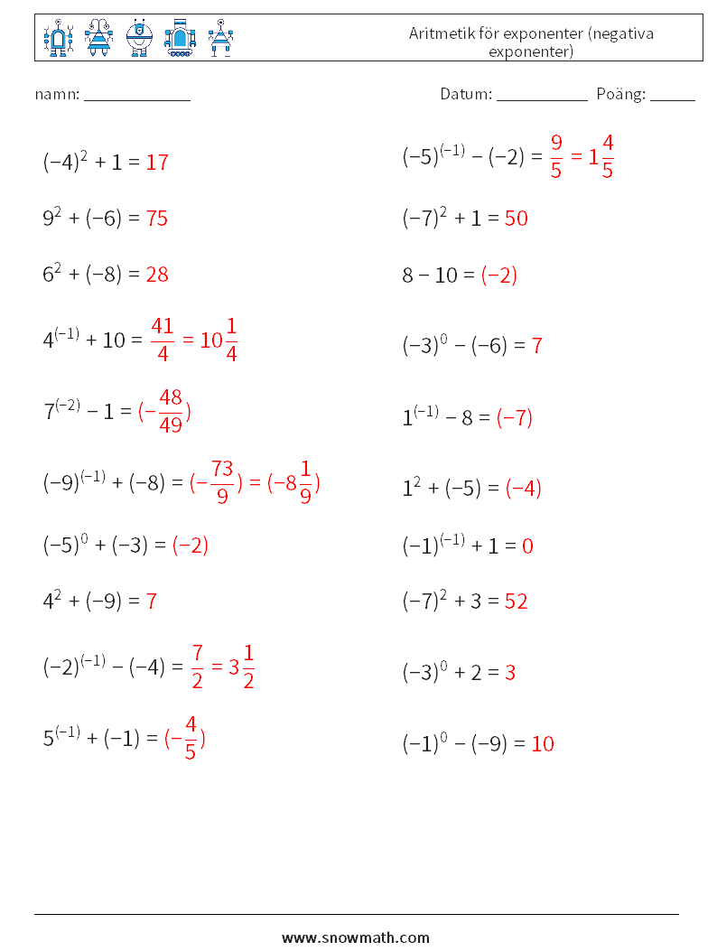  Aritmetik för exponenter (negativa exponenter) Matematiska arbetsblad 1 Fråga, svar