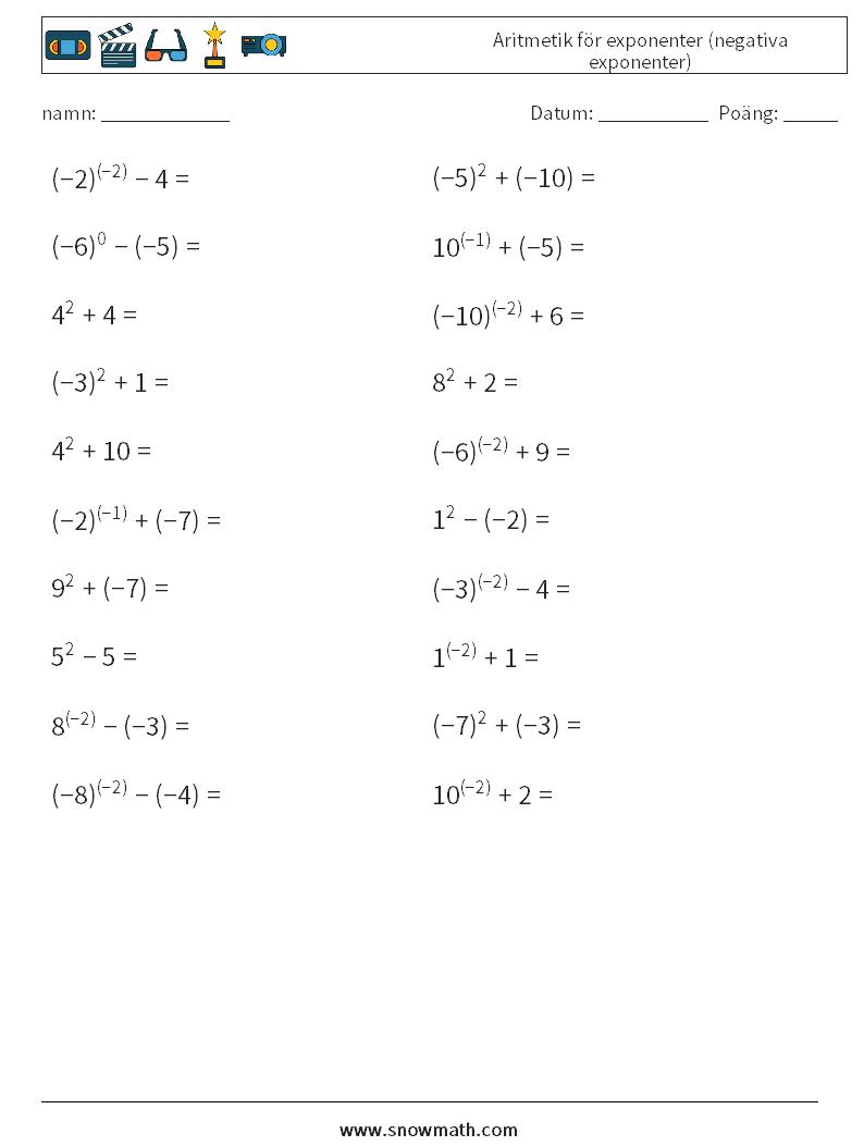  Aritmetik för exponenter (negativa exponenter) Matematiska arbetsblad 2