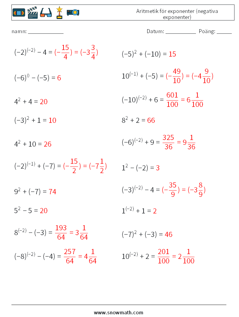  Aritmetik för exponenter (negativa exponenter) Matematiska arbetsblad 2 Fråga, svar