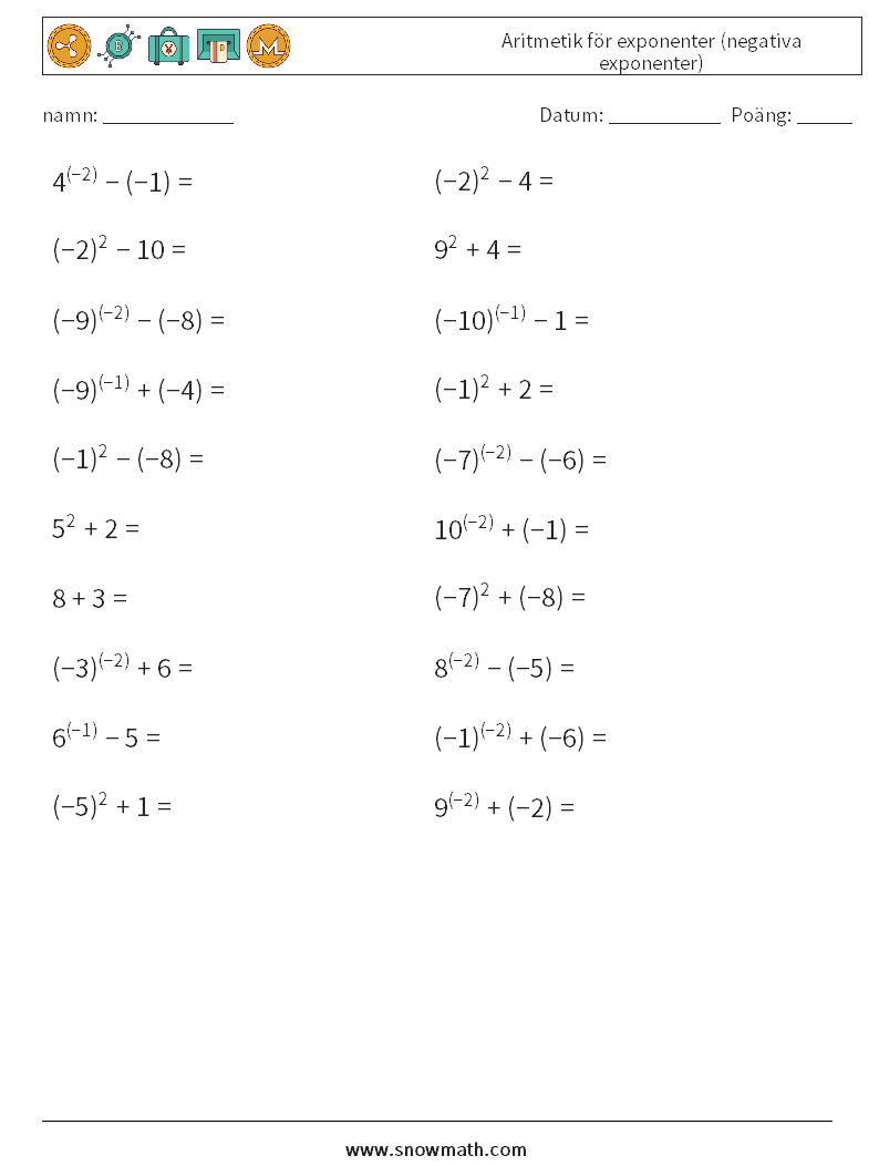  Aritmetik för exponenter (negativa exponenter) Matematiska arbetsblad 3