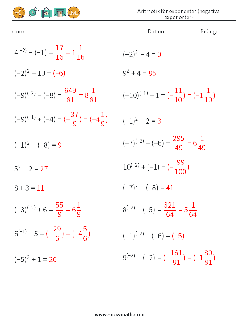  Aritmetik för exponenter (negativa exponenter) Matematiska arbetsblad 3 Fråga, svar