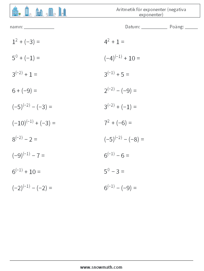  Aritmetik för exponenter (negativa exponenter) Matematiska arbetsblad 4