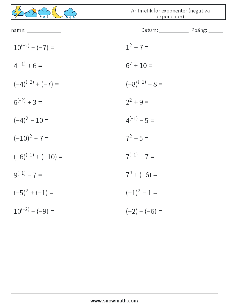  Aritmetik för exponenter (negativa exponenter) Matematiska arbetsblad 5