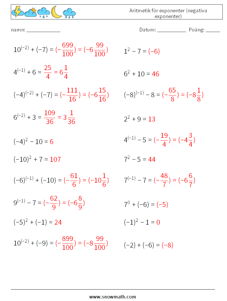  Aritmetik för exponenter (negativa exponenter) Matematiska arbetsblad 5 Fråga, svar