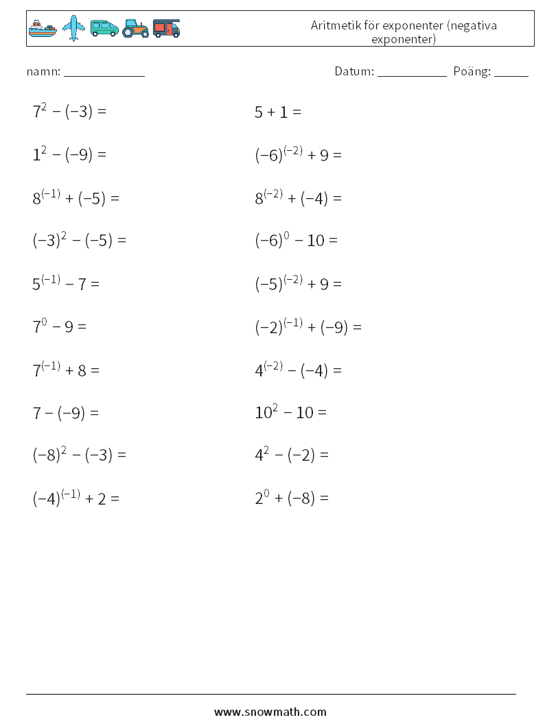  Aritmetik för exponenter (negativa exponenter) Matematiska arbetsblad 6