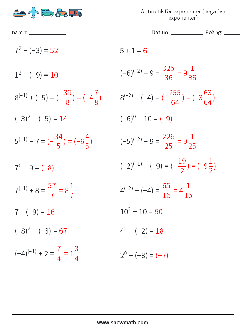  Aritmetik för exponenter (negativa exponenter) Matematiska arbetsblad 6 Fråga, svar