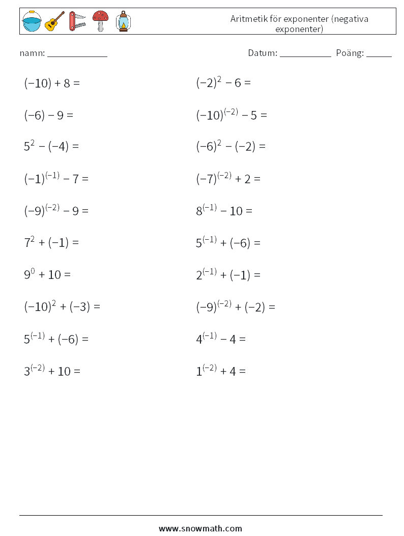  Aritmetik för exponenter (negativa exponenter) Matematiska arbetsblad 7