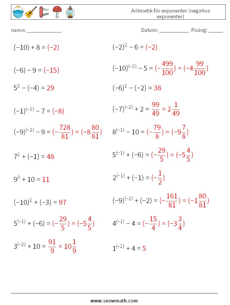  Aritmetik för exponenter (negativa exponenter) Matematiska arbetsblad 7 Fråga, svar