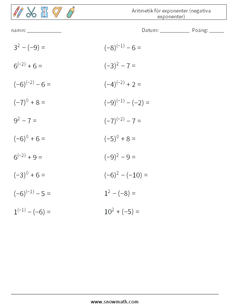  Aritmetik för exponenter (negativa exponenter) Matematiska arbetsblad 8