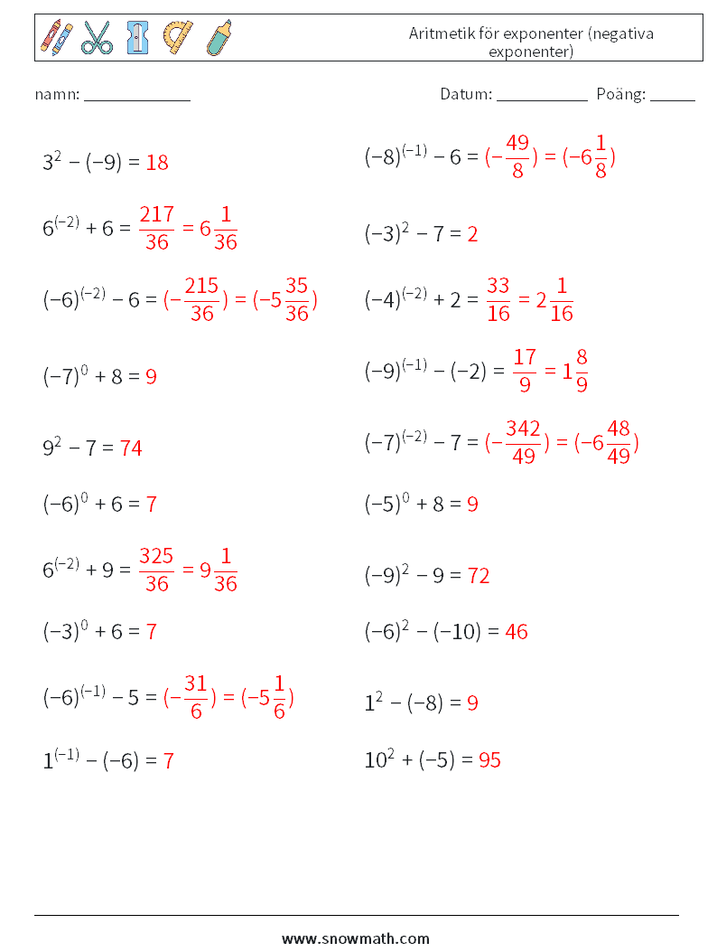  Aritmetik för exponenter (negativa exponenter) Matematiska arbetsblad 8 Fråga, svar