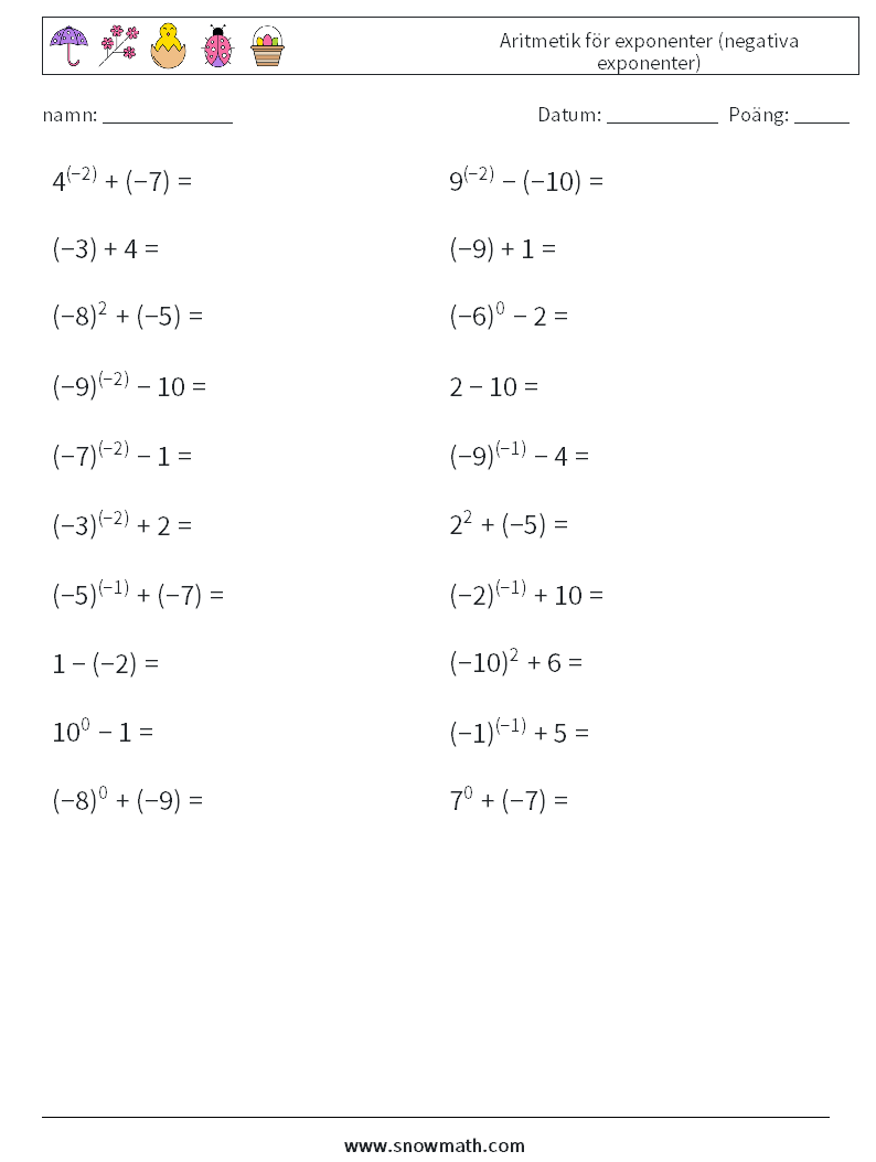  Aritmetik för exponenter (negativa exponenter) Matematiska arbetsblad 9