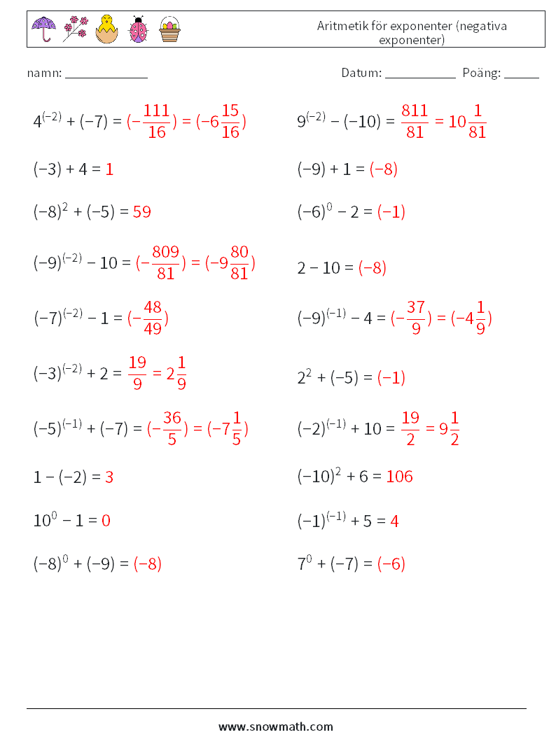  Aritmetik för exponenter (negativa exponenter) Matematiska arbetsblad 9 Fråga, svar