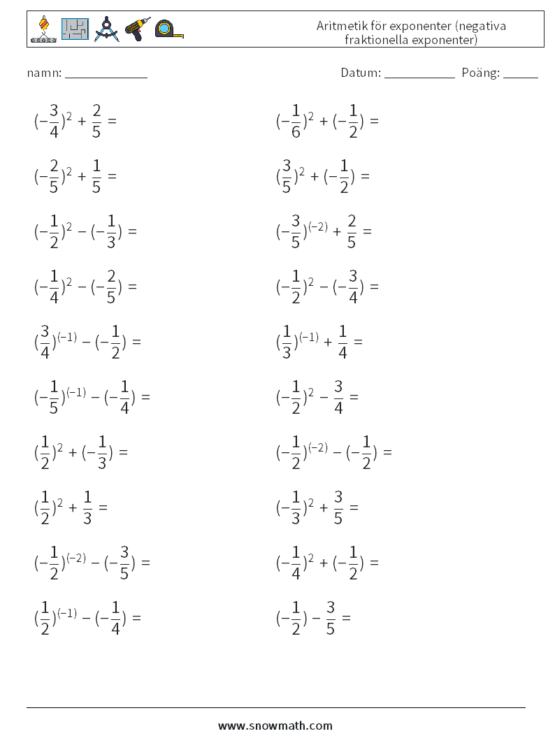  Aritmetik för exponenter (negativa fraktionella exponenter) Matematiska arbetsblad 2