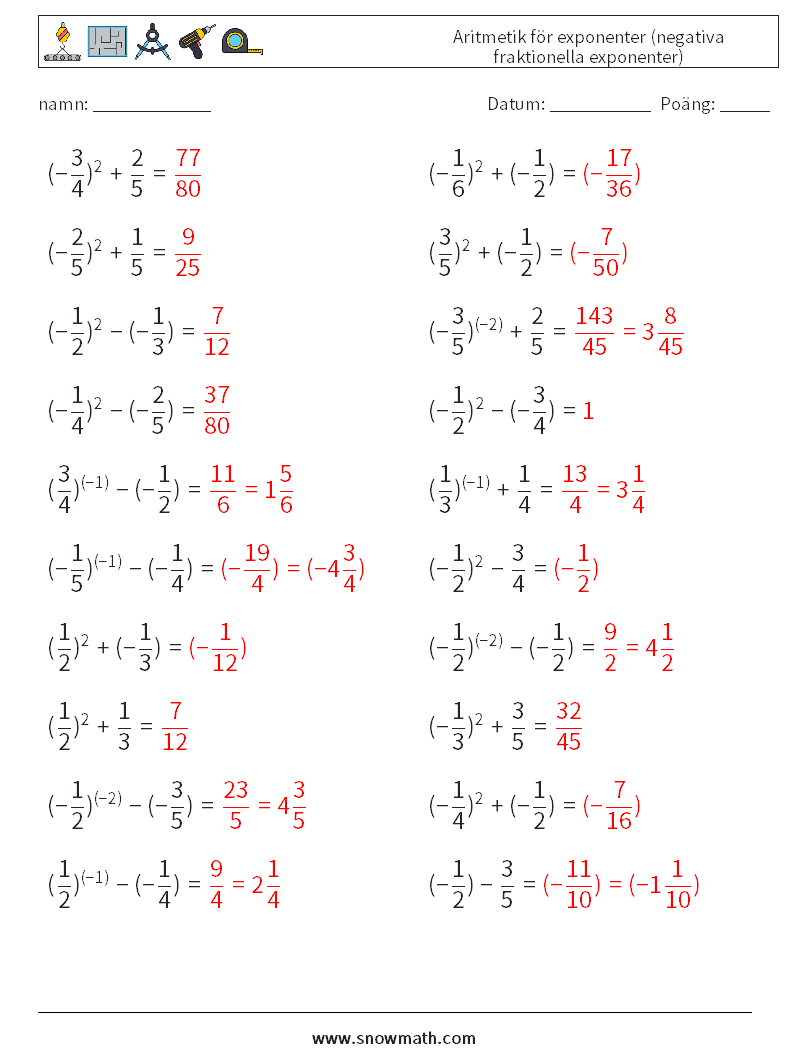  Aritmetik för exponenter (negativa fraktionella exponenter) Matematiska arbetsblad 2 Fråga, svar