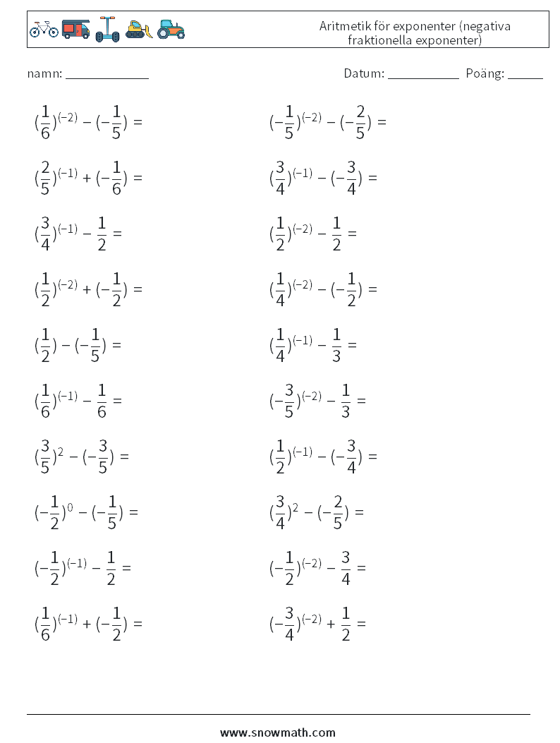  Aritmetik för exponenter (negativa fraktionella exponenter) Matematiska arbetsblad 3