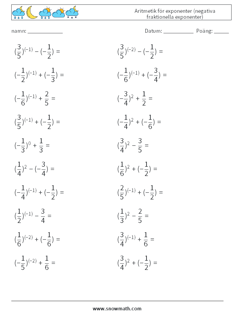  Aritmetik för exponenter (negativa fraktionella exponenter) Matematiska arbetsblad 4