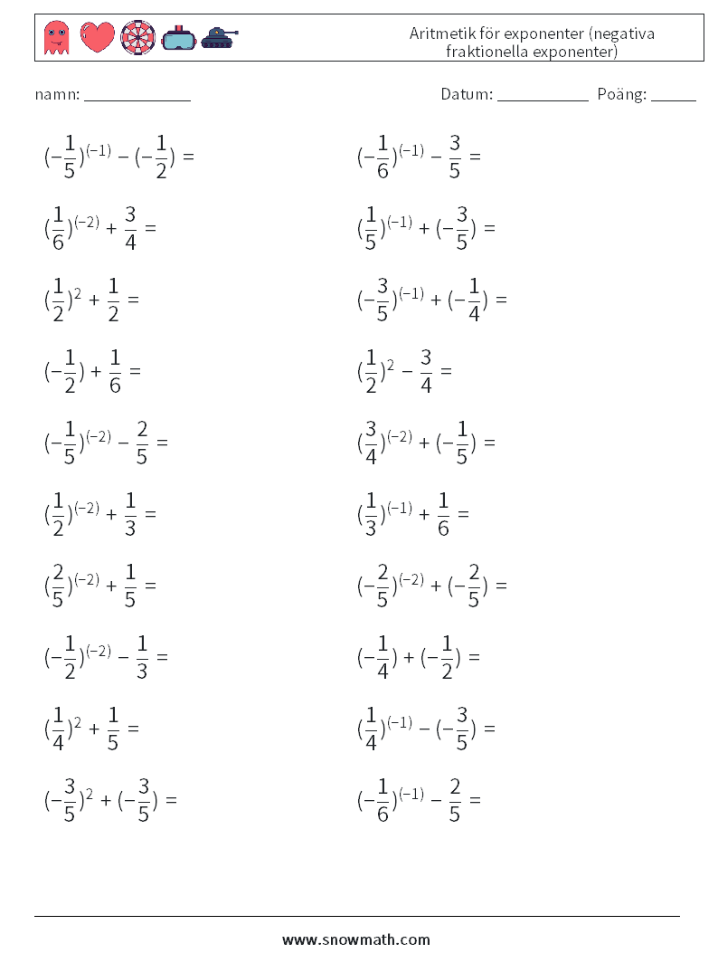  Aritmetik för exponenter (negativa fraktionella exponenter) Matematiska arbetsblad 5
