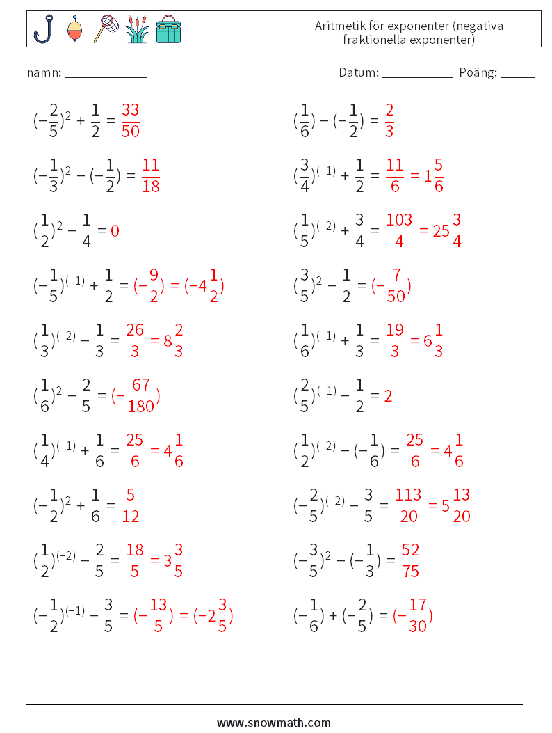  Aritmetik för exponenter (negativa fraktionella exponenter) Matematiska arbetsblad 6 Fråga, svar