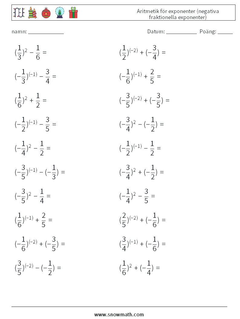  Aritmetik för exponenter (negativa fraktionella exponenter) Matematiska arbetsblad 7