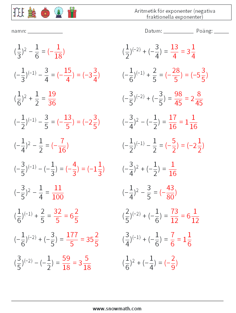  Aritmetik för exponenter (negativa fraktionella exponenter) Matematiska arbetsblad 7 Fråga, svar