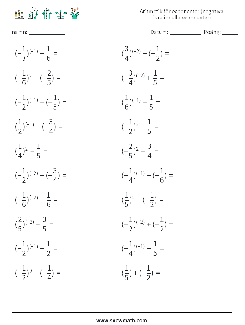  Aritmetik för exponenter (negativa fraktionella exponenter) Matematiska arbetsblad 9