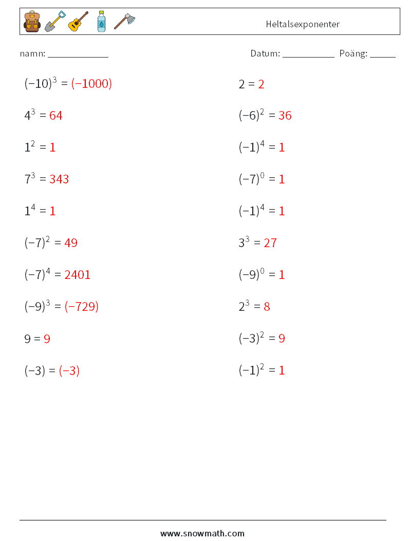 Heltalsexponenter Matematiska arbetsblad 1 Fråga, svar