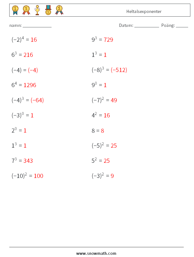 Heltalsexponenter Matematiska arbetsblad 2 Fråga, svar