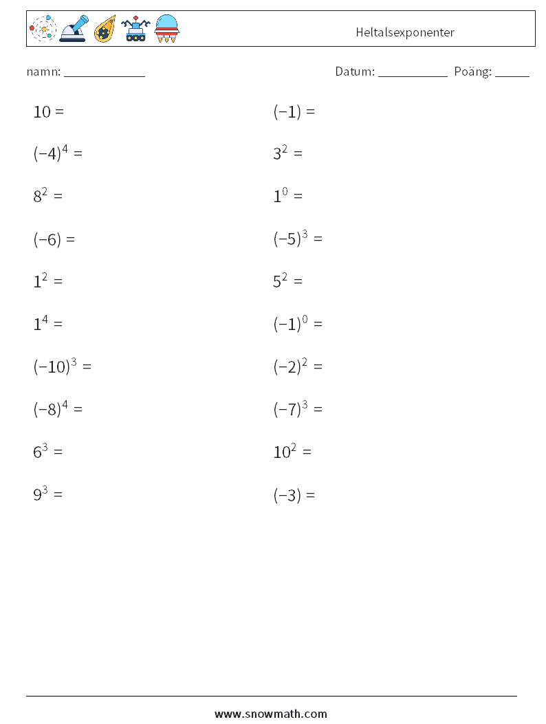Heltalsexponenter Matematiska arbetsblad 3
